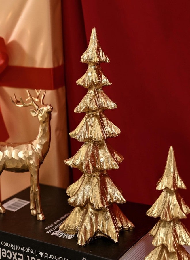 FESTGLOX Gold Christmas Tree Figurines, Small Resin Christmas Trees Home Decor, Tabletop Tree Set of 2, Decorative Xmas Trees for Christmas Decorations Indoor Mantle Centerpieces - Image 3